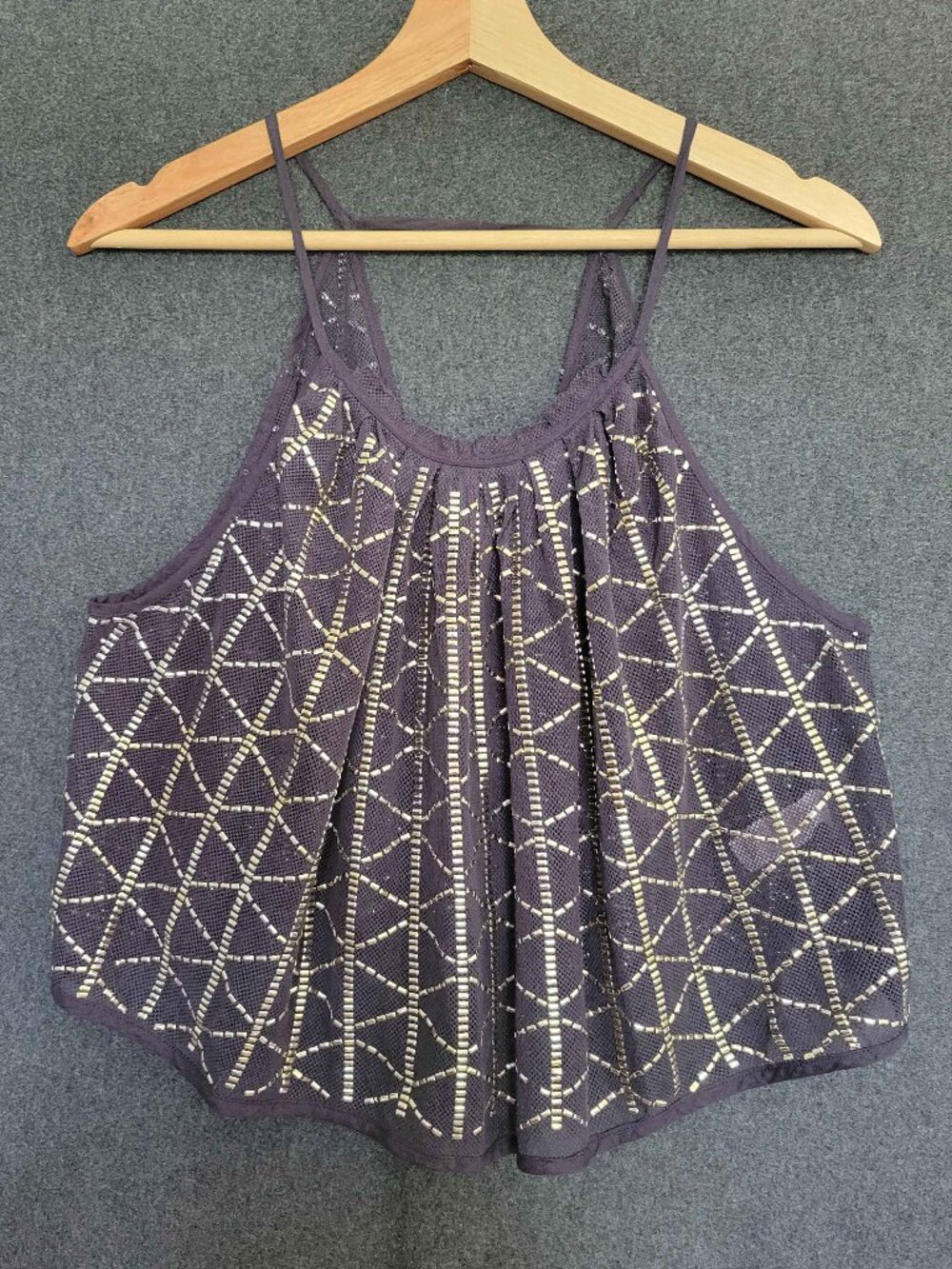 Free People Atlantis Grey Sheer Mesh Gold Embellished Cami Tank Halter Swing Top